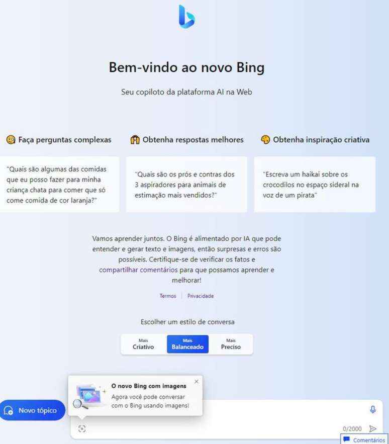 No Chrome, Bing Chat traz todos os recursos disponíveis nas outras versões, como os controles de "criatividade" nas respostas e as buscas por imagens (Imagem: Captura de tela/Felipe Demartini/Canaltech)