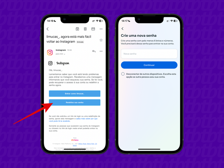 screenshot of the process to recover the Instagram password via the mobile application screenshot of the process to recover the Instagram password via the mobile application