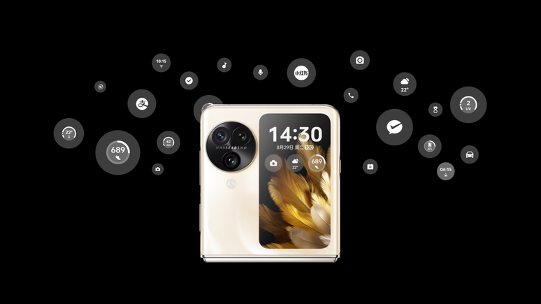 Seguindo os rivais de Samsung e Motorola, a tela externa do OPPO Find N3 Flip permite que um número maior de apps possa ser usado, com o diferencial do posicionamento na vertical (Imagem: Reprodução/OPPO)