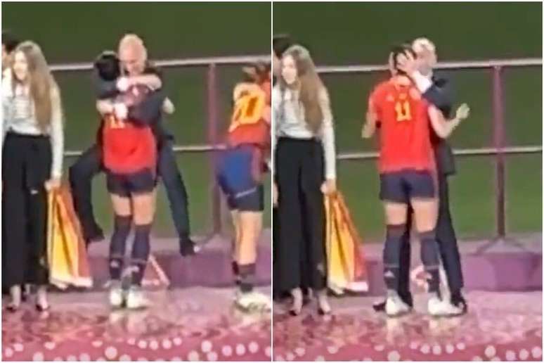 Antes de forçar o beijo, Rubiales se pendura em Jenni Hermoso durante a premiação