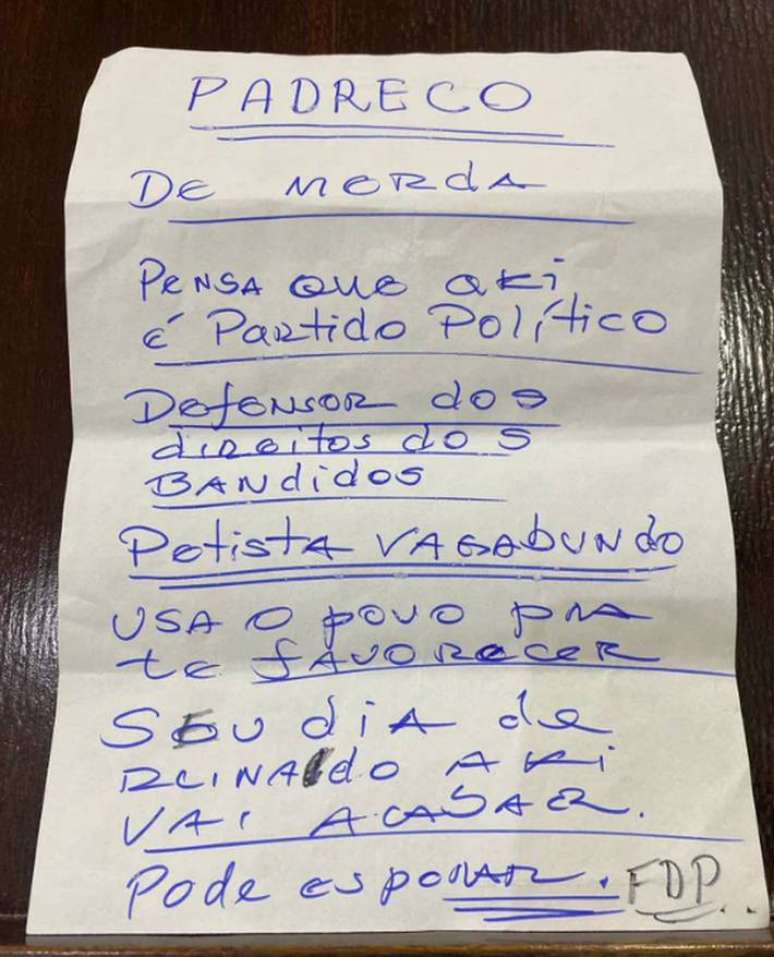 Bilhete com ameaças a Júlio Lancellotti; caso foi encaminhado ao 8.º Distrito Policial