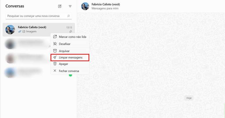 Em apenas dois passos, você limpa uma conversa no WhatsApp para Windows (Imagem: Captura de tela/Fabrício Calixto/Canaltech)