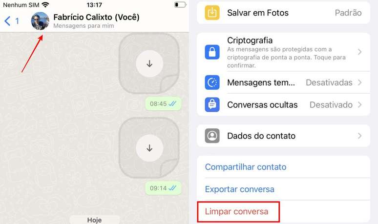 Para limpar uma conversa no WhatsApp no iOS, basta tocar no nome do contato ou do grupo (Imagem: Captura de tela/Fabrício Calixto/Canaltech)