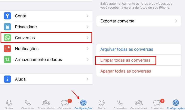 Em apenas três passos, você pode limpar todas as conversas do seu WhatsApp no iOS (Imagens: Captura de tela/Fabrício Calixto/Canaltech)