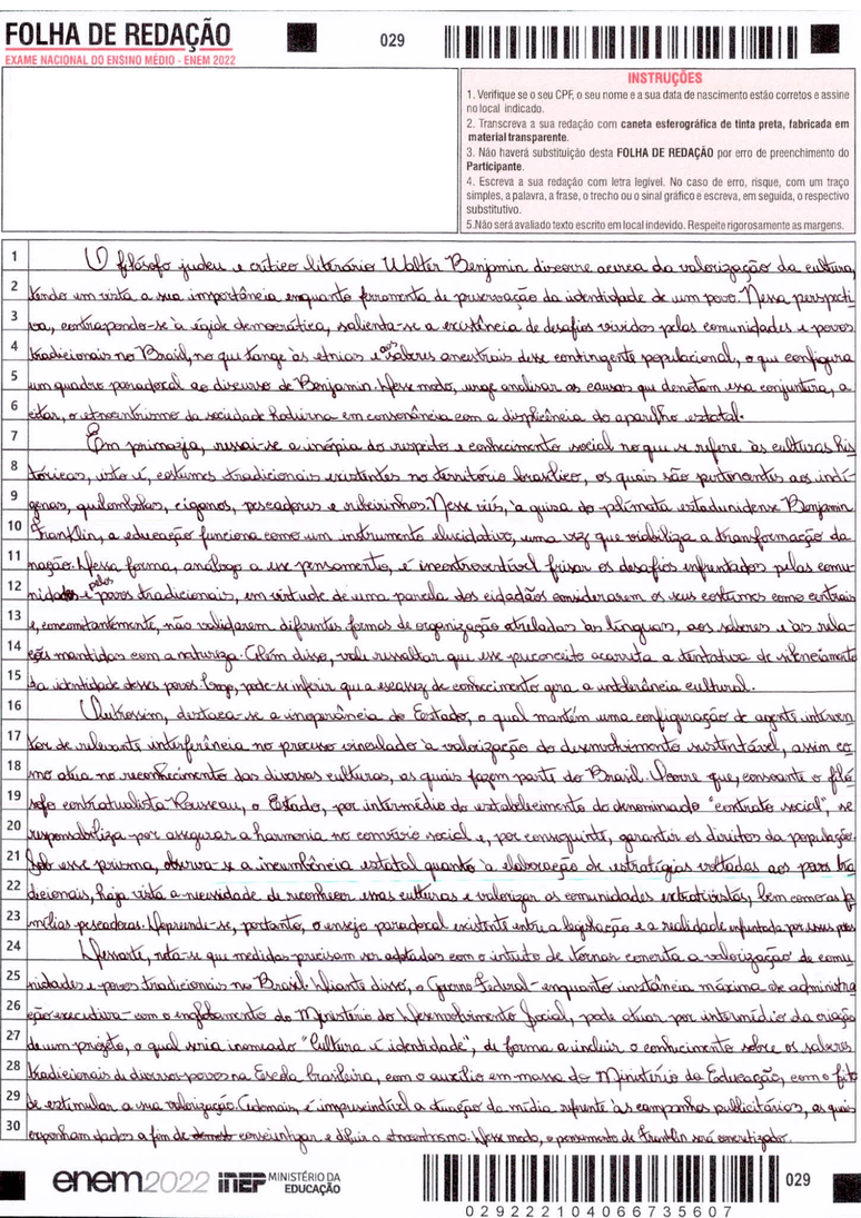 A reda&ccedil;&atilde;o que quase rendeu a nota m&aacute;xima &agrave; estudante.