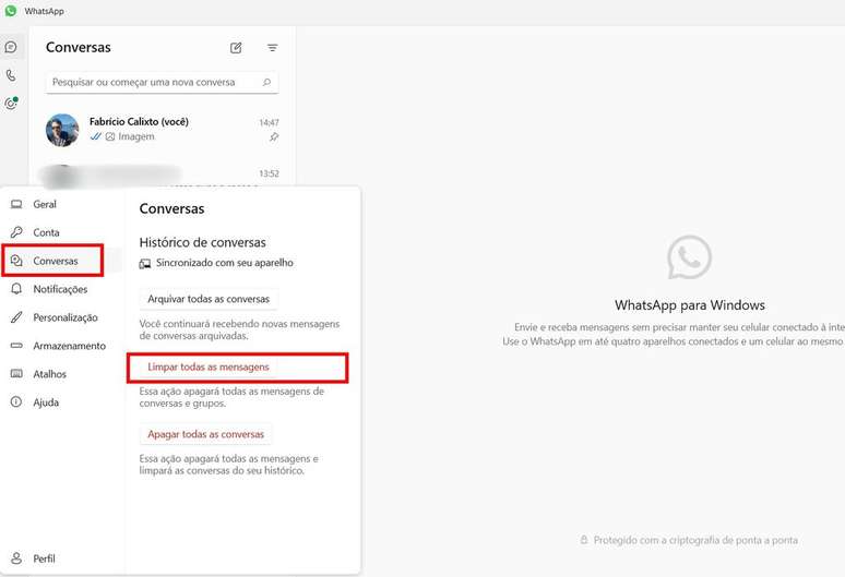O WhatsApp para Windows é a única versão para computador que permite limpar todas as conversas do mensageiro (Imagens: Captura de tela/Fabrício Calixto/Canaltech)