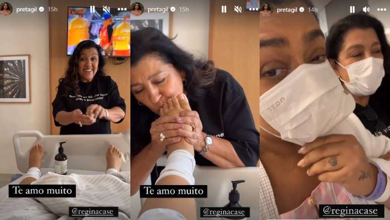 Preta Gil recebe massagem de Regina Casé durante visita ao hospital