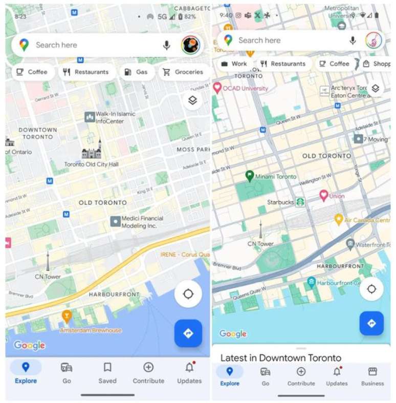 Novo design do Google Maps (à esquerda) adota cores mais sóbrias e maior contraste entre quarteirões e vias, em uma tentativa de facilitar a visualização dos mapas (Imagem: Reprodução/9to5Google)