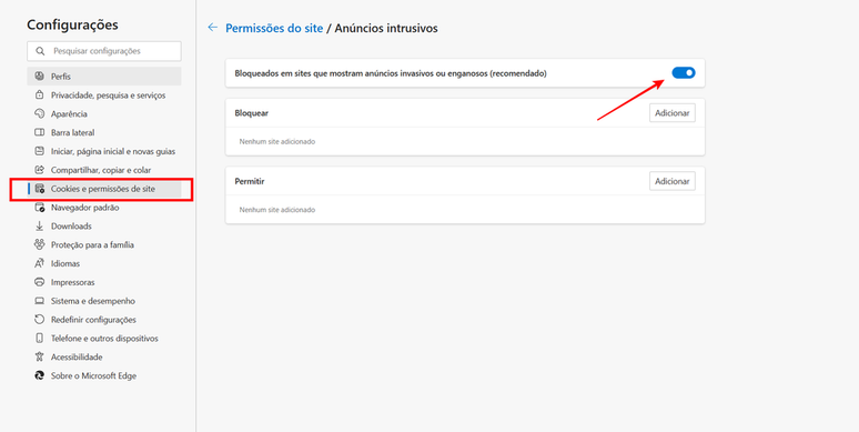 No Microsoft Edge, é possível desativar o bloqueador de anúncios acessando o menu de Cookies e permissões de sites (Imagem: Captura de tela/Fabrício Calixto/Canaltech)
