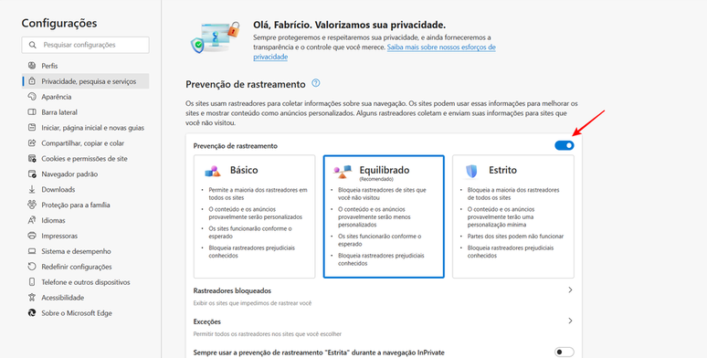 Desativando o recurso prevenção de rastreamento, você desativa o adblocker do Edge (Imagem: Captura de tela/Fabrício Calixto/Canaltech)