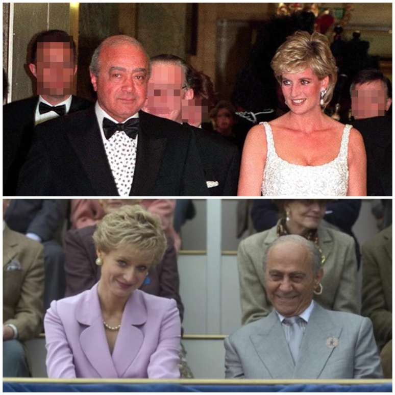 Acima, Al Fayed e a Princesa Diana: os dois se davam muito bem e dividiam o rancor pela família real britânica; abaixo, ambos interpretados por Elizabeth Debicki e Salim Daw em 'The Crown'