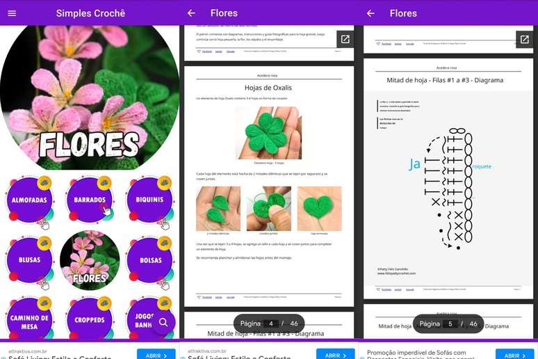 O app Simples Crochê contém arquivos em PDF com gráficos e passo a passo (Imagem: Captura de tela/Guilherme Haas/Canaltech)
