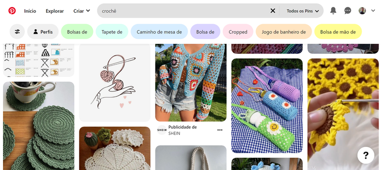 O Pinterest reúne vários trabalhos que podem servir de inspiração para seus projetos em crochê (Imagem: Captura de tela/Guilherme Haas/Canaltech)