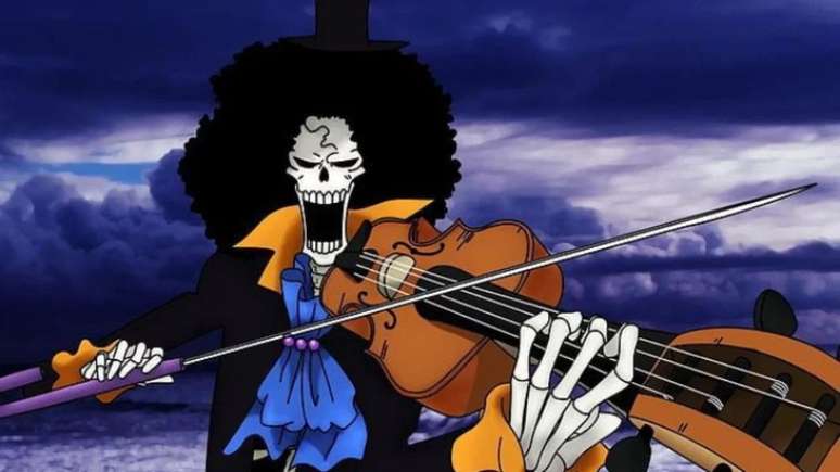 Brook parece ameaçador, mas é um dos personagens mais galhofas de One Piece (Imagem: Reprodução/Toei Animation)