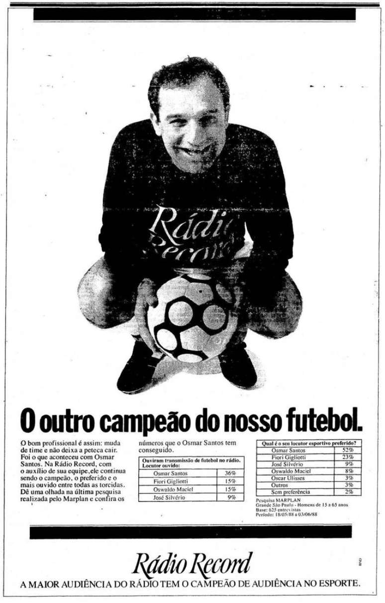 Publicidade do programa de Osmar Santos na Rádio Record, no Estadão de 02/08/1988.