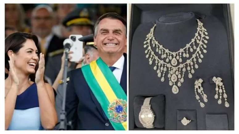 Michelle e Jair Bolsonaro (esq) e parte do kit de joias dados pelo governo saudita (Crédito