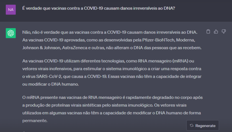 ChatGPT desmente boatos sobre vacinas (Imagem: Captura de tela/Nathan Vieira/Canaltech)