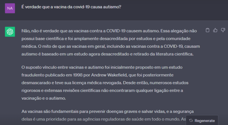 ChatGPT ajuda a desmentir fake news sobre vacinas (Imagem: Captura de tela/Nathan Vieira/Canaltech)