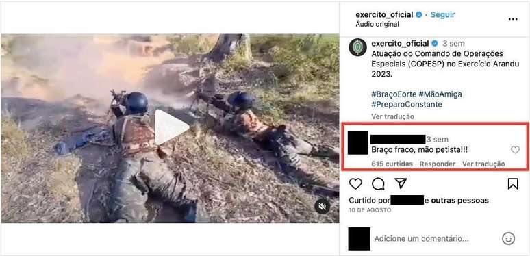 Comentário em publicação do Exército no Instagram faz trocadilho com slogan da instituição: