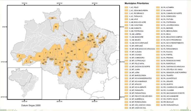 Mapa e lista de municípios prioritários divulgadas pelo Ministério do Meio Ambiente e Mudança do Clima