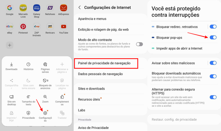 Bloqueadores de anúncios no navegador padrão de celular da Samsung