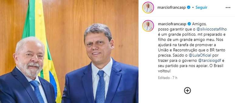 Lula e Tarcísio em post de Márcio França
