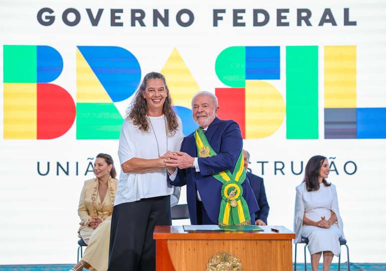 Presidente da República, Luiz Inácio Lula da Silva, durante posse de Ana Moser como Ministra de Estado dos Esportes em janeiro de 2023 