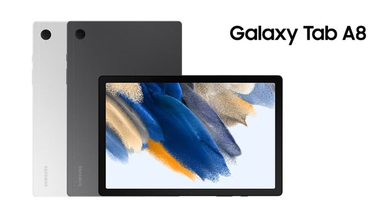 Galaxy Tab A9 e A9 Plus deve manter visual simples da atual geração com tela de bordas simétricas e câmera traseira única (Imagem: Reprodução/Samsung)