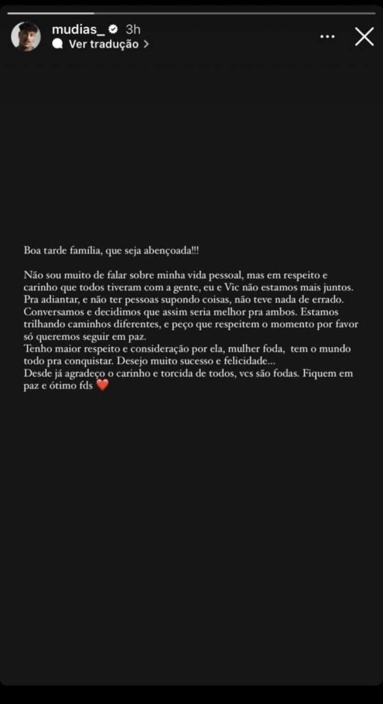 Victoria Macan and Murilo Dias, of ‘A Grande Conquista’, announce the end of their relationship