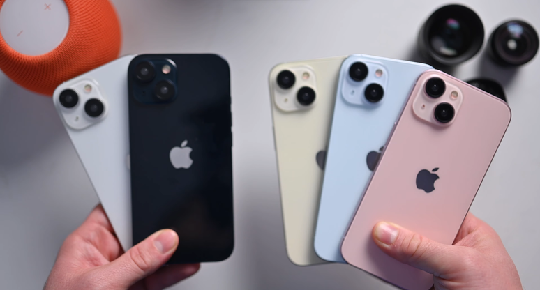 Branco, preto, rosa, azul claro e amarelo seriam as supostas cores do iPhone 15 comum