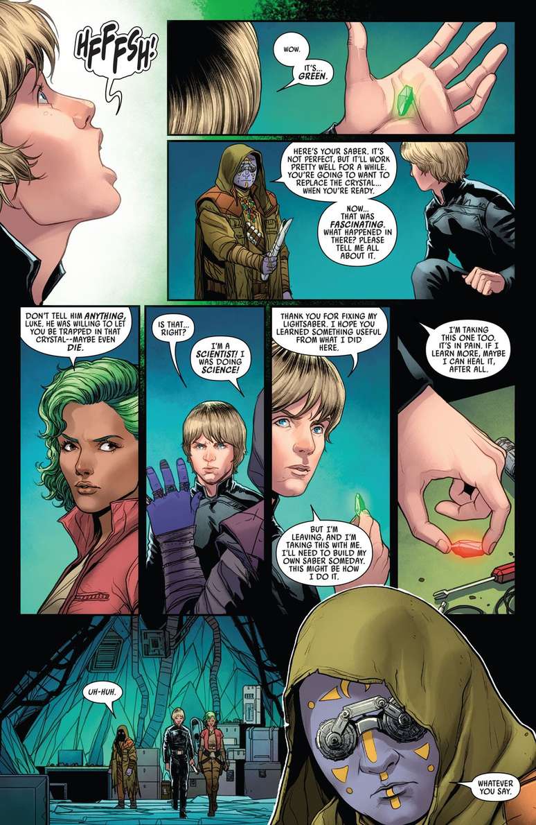 The green Kyber crystal is what powers Luker's lightsaber