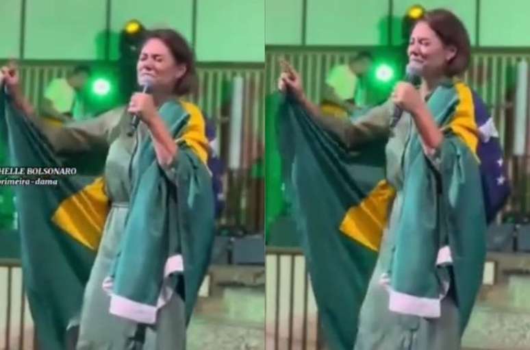 Michelle Bolsonaro usava a bandeira do BRasil nas costas