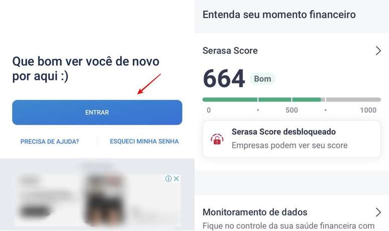 You can find out your Serasa score via the institution's app (Image: Screenshot/Fabrício Calixto/Canaltech)