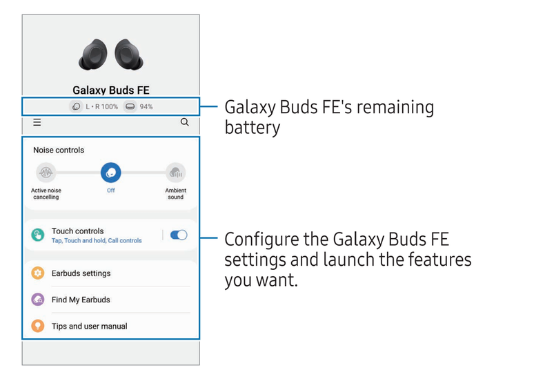 Apesar do foco no custo-benefício, o Galaxy Buds FE parece trazer recursos avançados como cancelamento ativo de ruído (ANC) e detecção de encaixe nas orelhas (Imagem: Reprodução/Samsung)