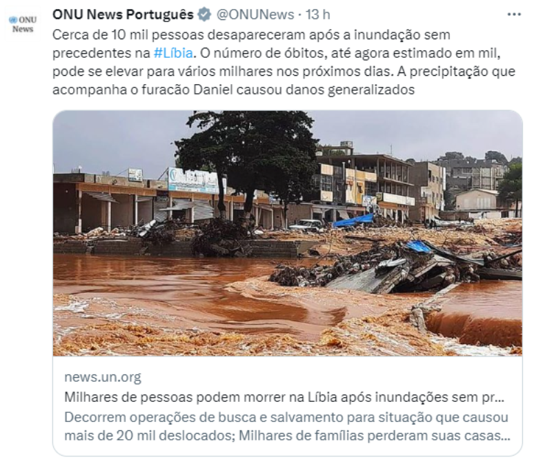 Publicação da agência de notícia da Organização das Nações Unidas (ONU) no perfil de língua portuguesa na rede social X.