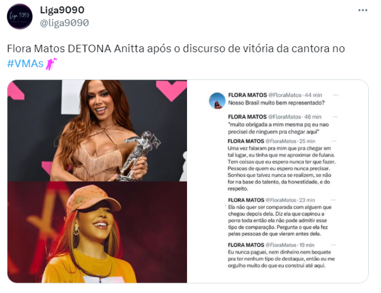 Flora Matos publicou comentários que seriam uma suposta indireta para a vitória de Anitta no VMA