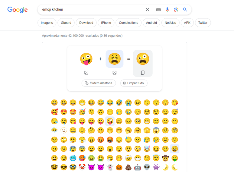 A ferramenta Emoji Kitchen pode ser acessada pelo Google (Imagem: Captura de tela/Guilherme Haas/Canaltech)