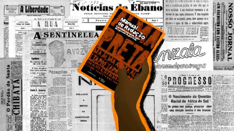 Imagem mostra exemplares de jornais da imprensa negra e manual de jornalismo antirracista.