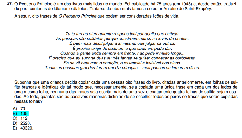 Questão 37 do Vestibular de Verão 2018 da PUC-PR.