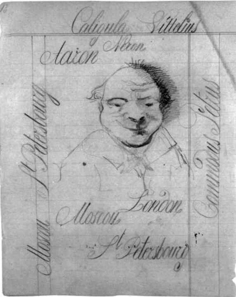 "O Idiota", do autor russo Fyodor Dostoyevsky, era o Príncipe Myshkin, e ele foi chamado assim por causa de sua humildade, honestidade e bondade em uma sociedade de farsantes e falsos conspiradores. (Desenho e texto manuscrito de Dostoiévski)