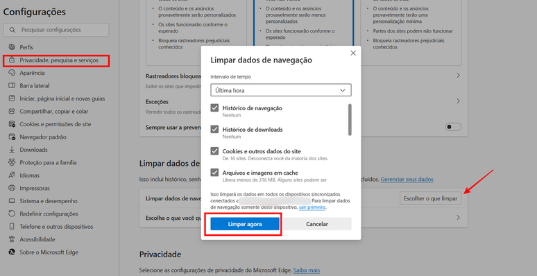 O Edge permite que você limpe o cache para garantir melhor desempenho e remova informações indesejadas (Imagem: Captura de tela/Fabrício Calixto/Canaltech)