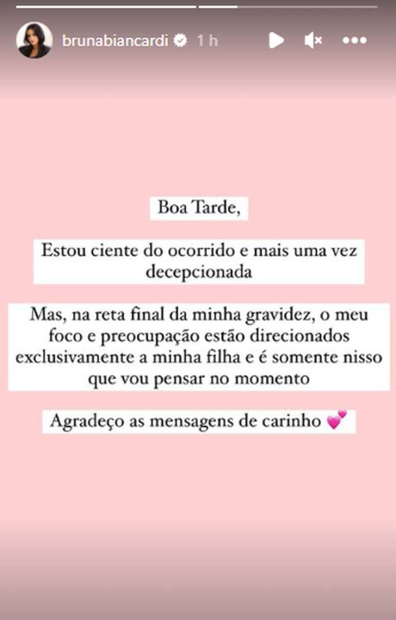 Pronunciamento feito por Bruna Biancardi no Instagram.