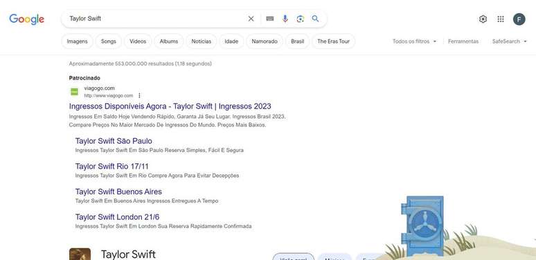 Cofre azul misterioso aparece quando usuários buscam por Taylor Swift no Google; esforço combinado dos fãs vai revelar lista de músicas do novo álbum da cantora (Imagem: Captura de tela/Fidel Forato/Canaltech)