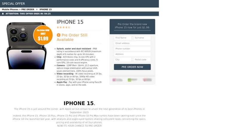 Exemplo de página falsa vendendo o novo iPhone