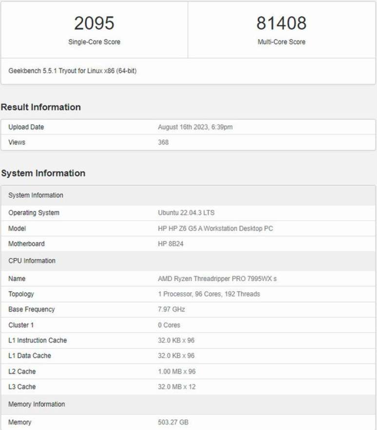 Sistema OEM da HP traz novo Threadripper Pro 7995 WX com pelo menos 500 GB de memória instalados. (Imagem: Geekbench/Reprodução)