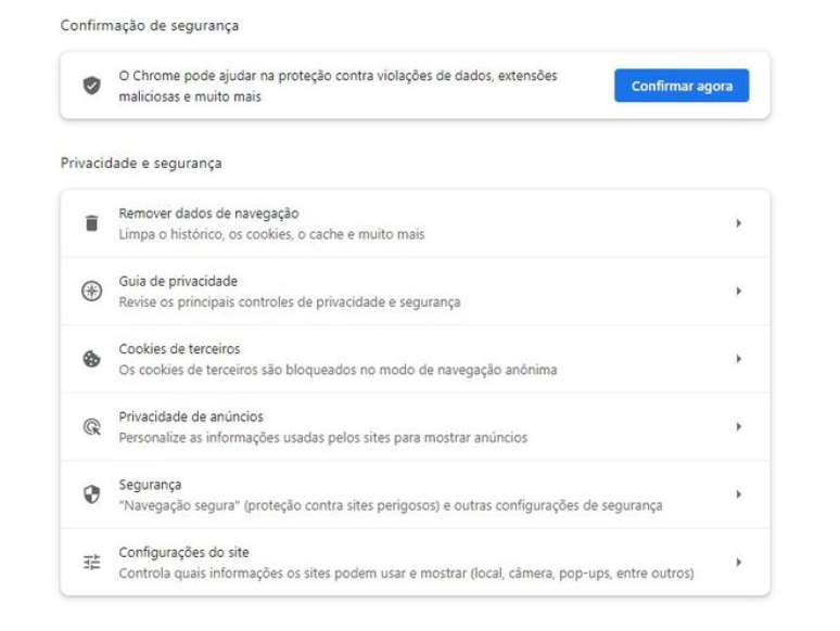 Hoje, opções de privacidade do Chrome aparecem pulverizadas em menus específicos, com alterações nas configurações indicando maior foco no combate a cookies de terceiro e simplificação dos controles (Imagem: Captura de tela/Felipe Demartini/Canaltech)