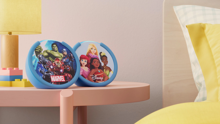 Em versões tematizadas dos Vingadores e das princesas Disney, o novo Amazon Echo Pop Kids traz o poder da Alexa com IA generativa para as crianças, em uma edição mais segura (Imagem: Divulgação/Amazon)