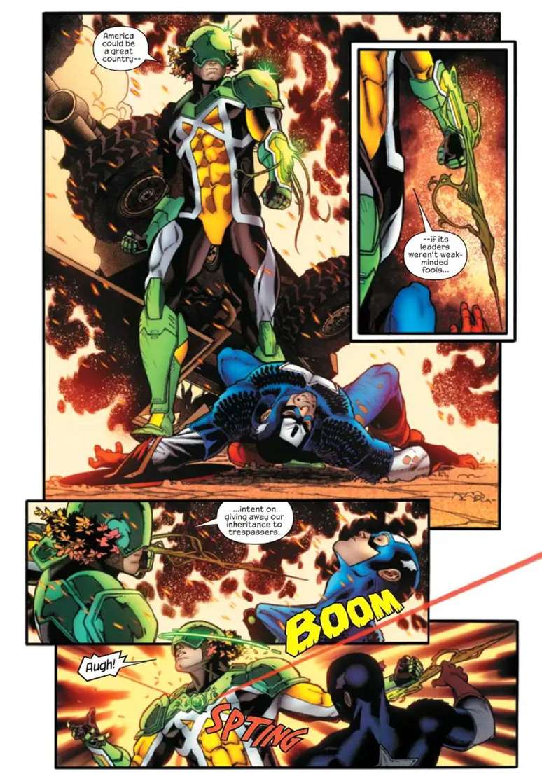 Em edição recente, vemos o Capitão América ter seu braço quebrado pelo Capitão Krakoa, que é interrompido pelos Vingadores (Imagem: Reprodução/DC Comics)