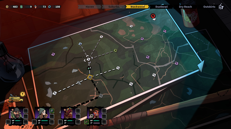 O jogador explora as diferentes áreas do mapa conforme viaja pelo mapa rodoviário