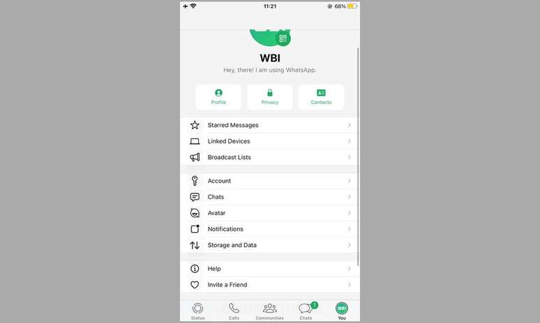 Novos ícones no menu de configuração na versão Beta do WhatsApp para iOS (Imagem: Reprodução/WABetaInfo)